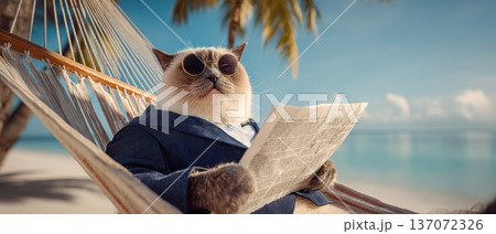 Rotund Space Traveler in Pressurized Suit Relaxing on Beach Hammock with Sunglasses and Newspaper Rotund Space Traveler in Pressurized Suit Relaxing on Beach Hammock with Sunglasses and Newspaper 137072326