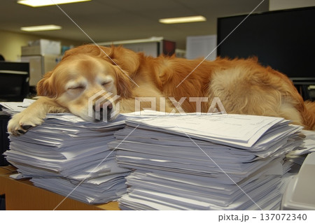 Sleepy Golden Retriever Resting Its Head on a Stack of Papers in an Office Sleepy Golden Retriever Resting Its Head on a Stack of Papers in an Office 137072340