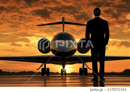 CEO Standing in Front of a Private Jet on the Runway at Sunset CEO Standing in Front of a Private Jet on the Runway at Sunset 137072341