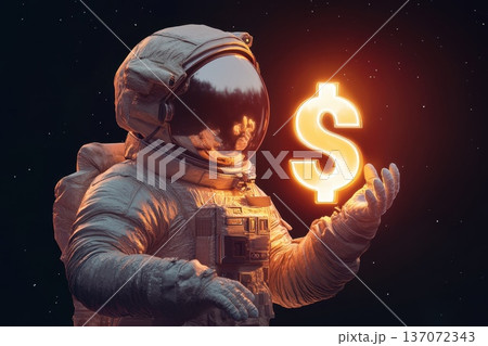 Highly Detailed Depiction of an Astronaut Interacting with a Dollar Sign in Space 137072343