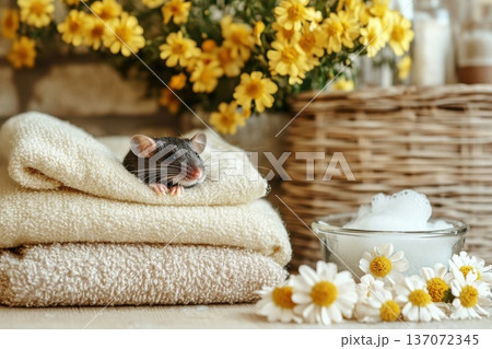 Tiny Mouse Peeking Out from a Small Glass Bowl Surrounded by Fresh Flowers and Towels Tiny Mouse Peeking Out from a Small Glass Bowl Surrounded by Fresh Flowers and Towels 137072345