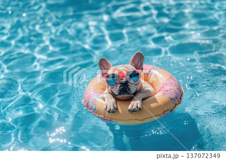 Stylish French Bulldog Relaxing on a Neon Pool Float in Bright Sunglasses 137072349