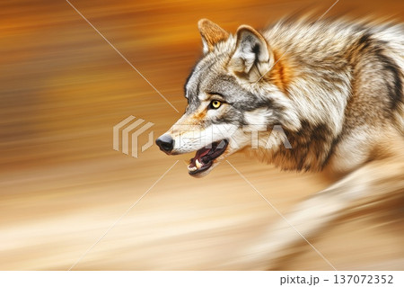 Strikingly Detailed Wolf Caught in Mid Air Leap Against a Vivid Background 137072352
