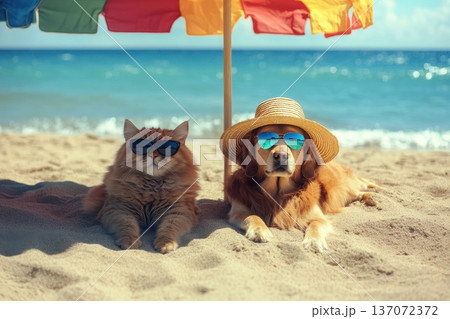 Fluffy Cat and Happy Dog Relax Under Beach Umbrella with Sunglasses on a Sunny Day 137072372