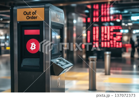 Futuristic Bitcoin ATM Displaying Out of Order Sign in Modern Urban Environment Futuristic Bitcoin ATM Displaying Out of Order Sign in Modern Urban Environment 137072373