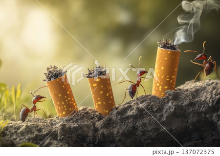 Ants Struggling to Carry Food in a Green Nature Setting 137072375