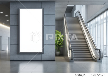Blank Billboard Mockup in Modern Indoor Space with Escalator Blank Billboard Mockup in Modern Indoor Space with Escalator 137072378