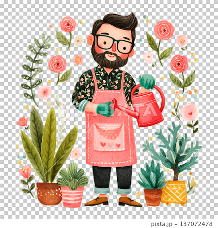 vector set of floral gardener holding potted plants 137072478