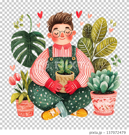 vector set of floral gardener holding potted plants 137072479