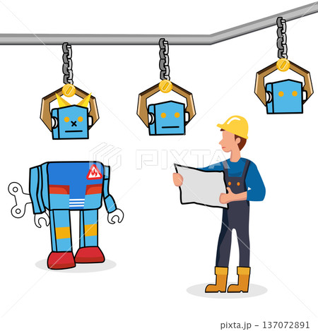 Robotics Factory with Worker and Robots.Engineering process. 137072891