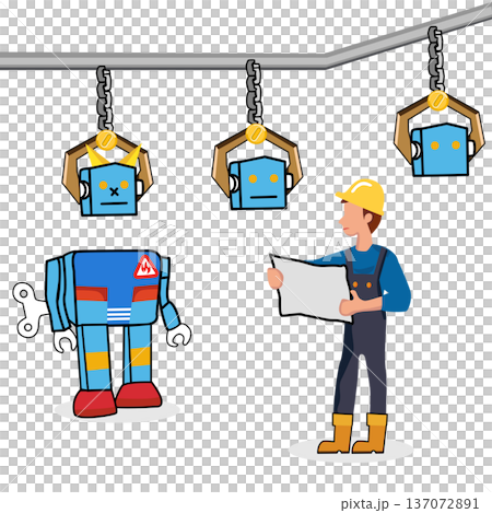 Robotics Factory with Worker and Robots.Engineering process. 137072891