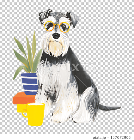 watercolor illustration of cute puppy sitting and playing 137072906