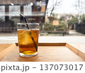 窓辺で楽しむアイスティー（氷入りグラス・カフェ風景） 137073017