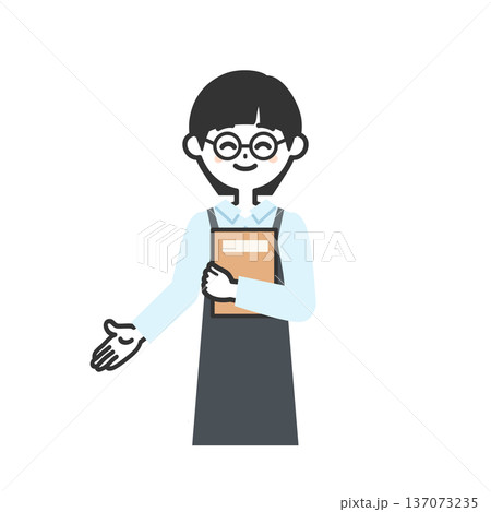 本を抱えて下を指すエプロンを付けた人物イラスト 本を抱えて下を指すエプロンを付けた人物イラスト 137073235