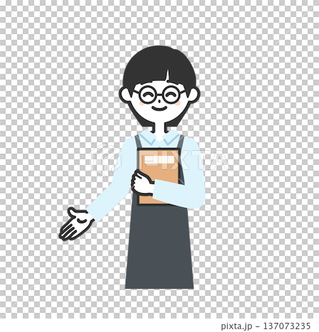 本を抱えて下を指すエプロンを付けた人物イラスト 本を抱えて下を指すエプロンを付けた人物イラスト 137073235