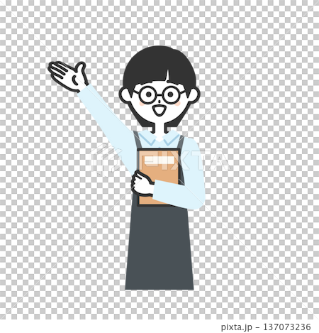本を抱いて上を指すエプロンを付けた人物イラスト 137073236