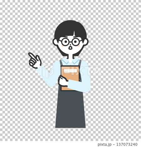 Illustration of a person wearing an apron with a serious face holding a book and pointing Illustration of a person wearing an apron with a serious face holding a book and pointing 137073240