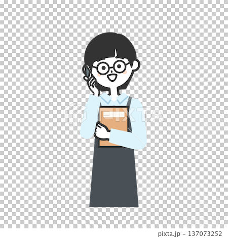 スマホで話す本をもってエプロンを付けた人物イラスト 137073252