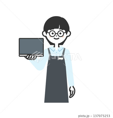 ノートパソコンを持つエプロンを付けた人物イラスト 137073253