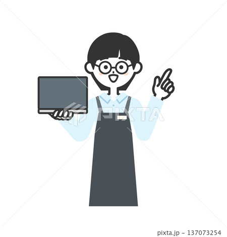 ノートパソコンを持って指を指すエプロンを付けた人物イラスト 137073254