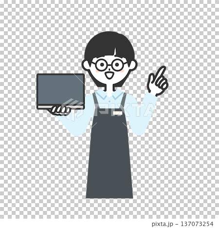 圖：一名身穿圍裙的人手持筆記型電腦並指向某處 137073254