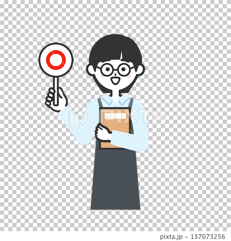 丸の札を持つ本をもってエプロンを付けた人物イラスト 137073256