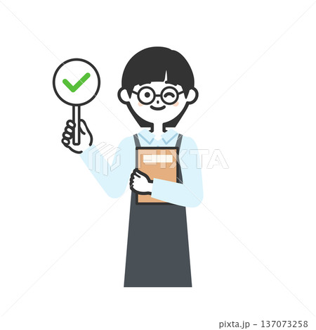 チェックマークの札を持ったエプロンを付けた人物イラスト 137073258