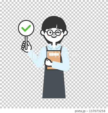 チェックマークの札を持ったエプロンを付けた人物イラスト 137073258