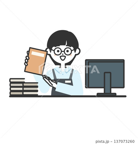 カウンターで本を指すエプロンを付けた人物イラスト 137073260
