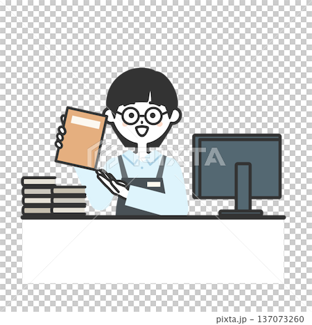 カウンターで本を指すエプロンを付けた人物イラスト 137073260