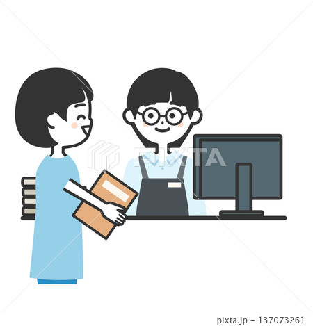 本を持つ女の子とカウンターでエプロンを付けた人物イラスト 137073261