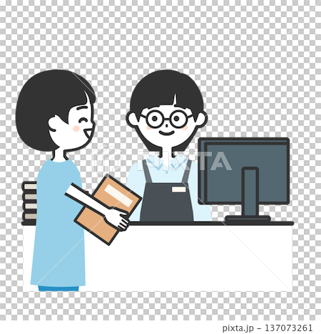 本を持つ女の子とカウンターでエプロンを付けた人物イラスト 137073261