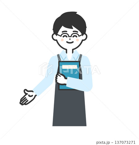 本を抱えて下を指すエプロンを付けた人物イラスト 137073271