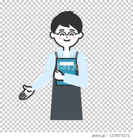 Illustration of a person wearing an apron holding a book and pointing down Illustration of a person wearing an apron holding a book and pointing down 137073271