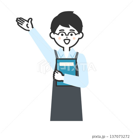 本を抱いて上を指すエプロンを付けた人物イラスト 137073272