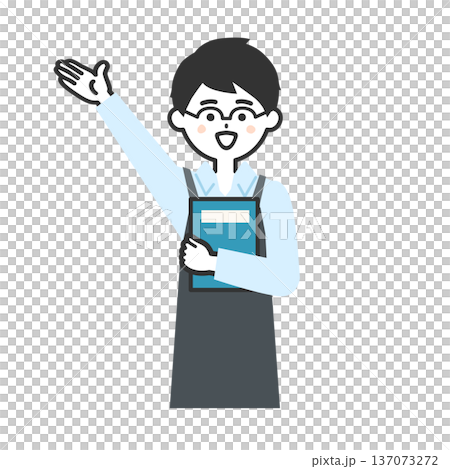 Illustration of a person wearing an apron holding a book and pointing up Illustration of a person wearing an apron holding a book and pointing up 137073272