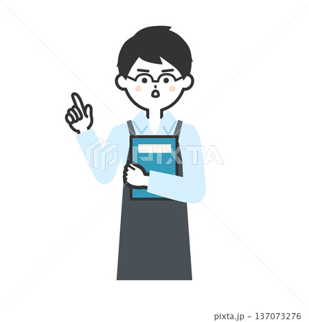 本を抱えて指をさす真剣な顔のエプロンを付けた人物イラスト 137073276