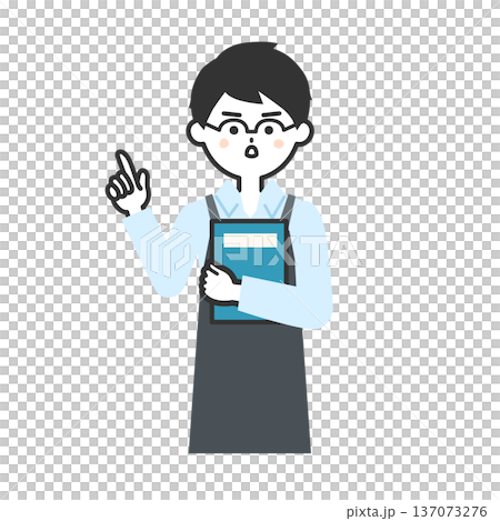 本を抱えて指をさす真剣な顔のエプロンを付けた人物イラスト 137073276