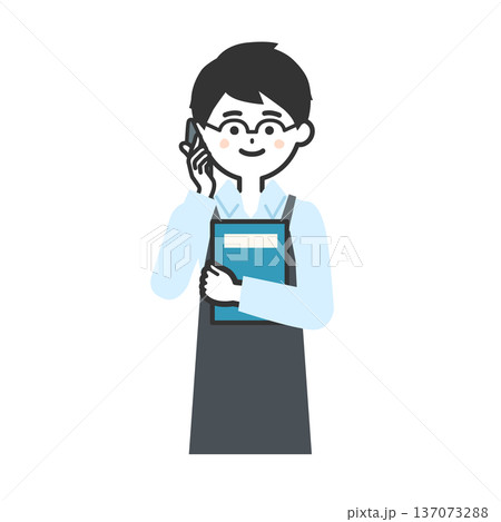 スマホで話す本をもってエプロンを付けた人物イラスト 137073288