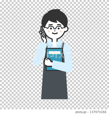 スマホで話す本をもってエプロンを付けた人物イラスト 137073288