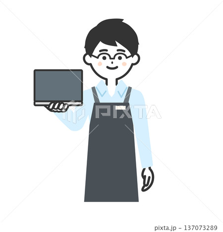 ノートパソコンを持つエプロンを付けた人物イラスト 137073289