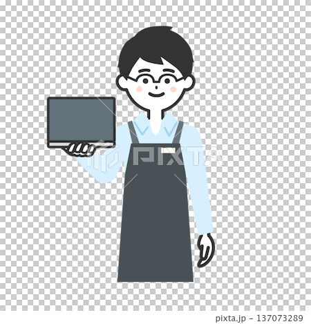 ノートパソコンを持つエプロンを付けた人物イラスト 137073289