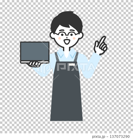 ノートパソコンを持って指を指すエプロンを付けた人物イラスト 137073290