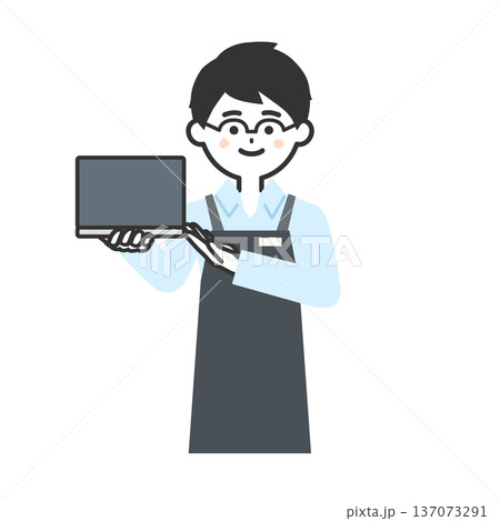 ノートパソコンを指すエプロンを付けた人物イラスト 137073291