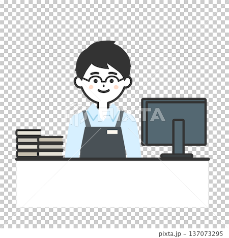 Illustration of a person wearing an apron sitting at a counter 137073295