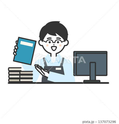 カウンターで本を指すエプロンを付けた人物イラスト 137073296