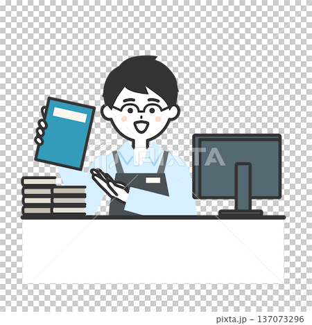 カウンターで本を指すエプロンを付けた人物イラスト 137073296