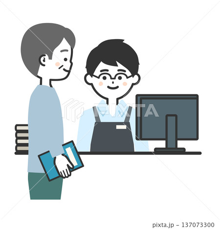 本を持つ男性とエプロンを付けた人物イラスト 137073300