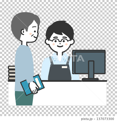 本を持つ男性とエプロンを付けた人物イラスト 137073300