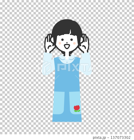 圖解:一位身穿圍裙、雙手摀著耳朵的女子 圖解:一位身穿圍裙、雙手摀著耳朵的女子 137073302